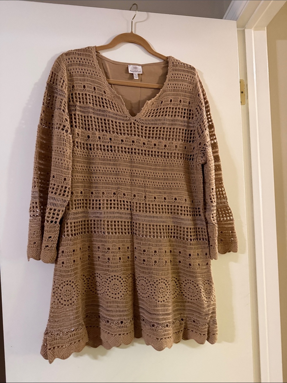 Hot in Hollywood Tan Crochet V-Neck Long Sleeve tunic sweater